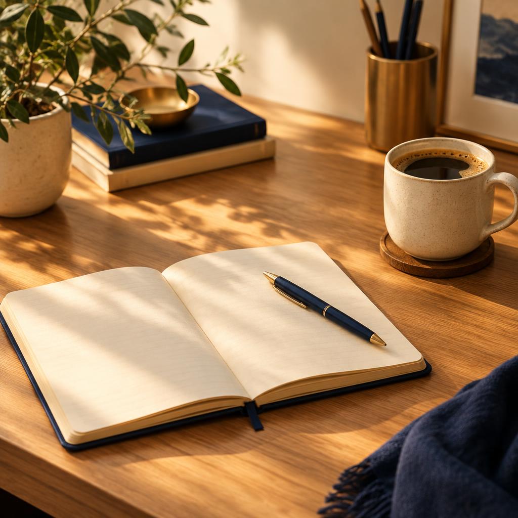 An open notebook, pen and coffee on a wooden desk in warm morning light